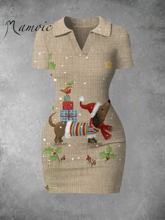 Women's Vintage Christmas Dachshund Print Ribbed Bodycon Mini Dress