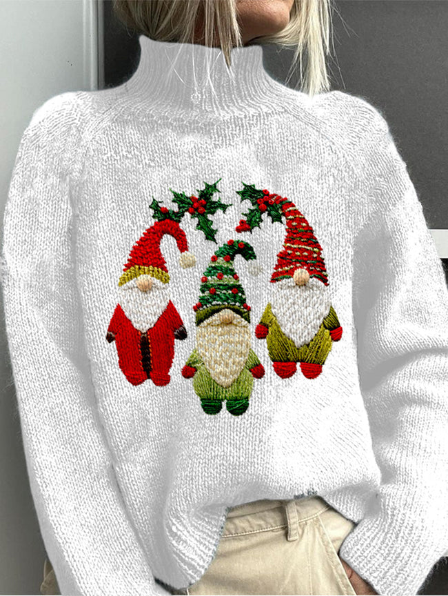 Vintage Christmas Deer Art Print Knit Turtleneck Pullover Sweater