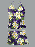 Women’s V-neck Flower Print Suspender Skirt Tankini Set Swimsuit
