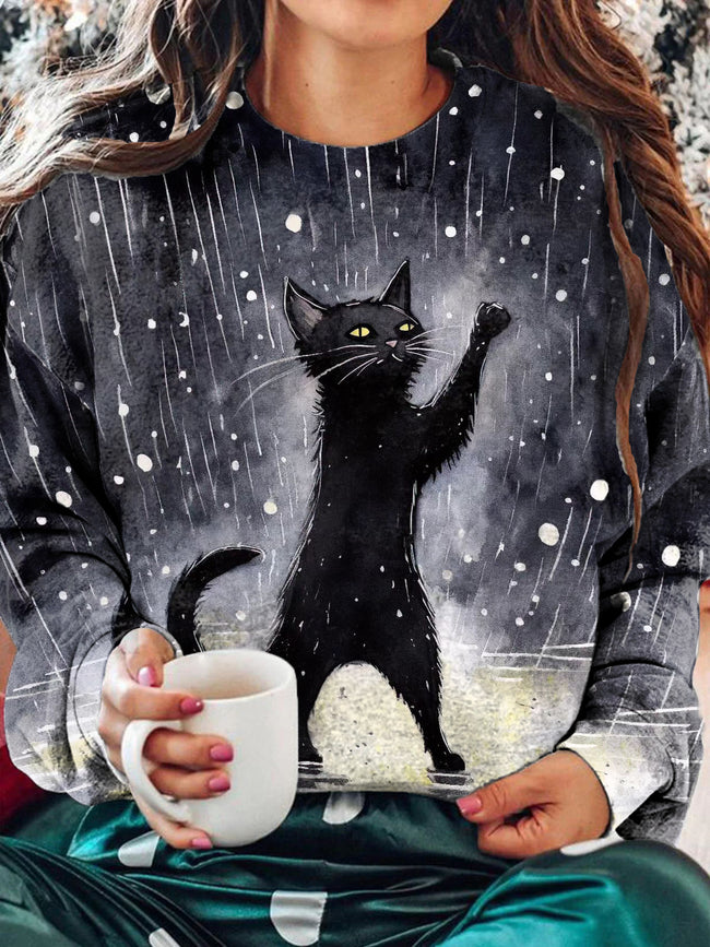 Halloween Cat Crew Neck Long Sleeve Top