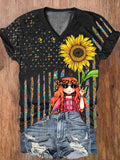 Buy 3 Get 10% OffWomen's Fun Hippie Peace Flag Sunflower Print V-Neck T-Shirt