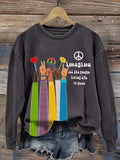 Retro Hippie Imagine All The People Living Life In Peace Print Sweatshirt