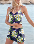 Women’s V-neck Flower Print Suspender Skirt Tankini Set Swimsuit