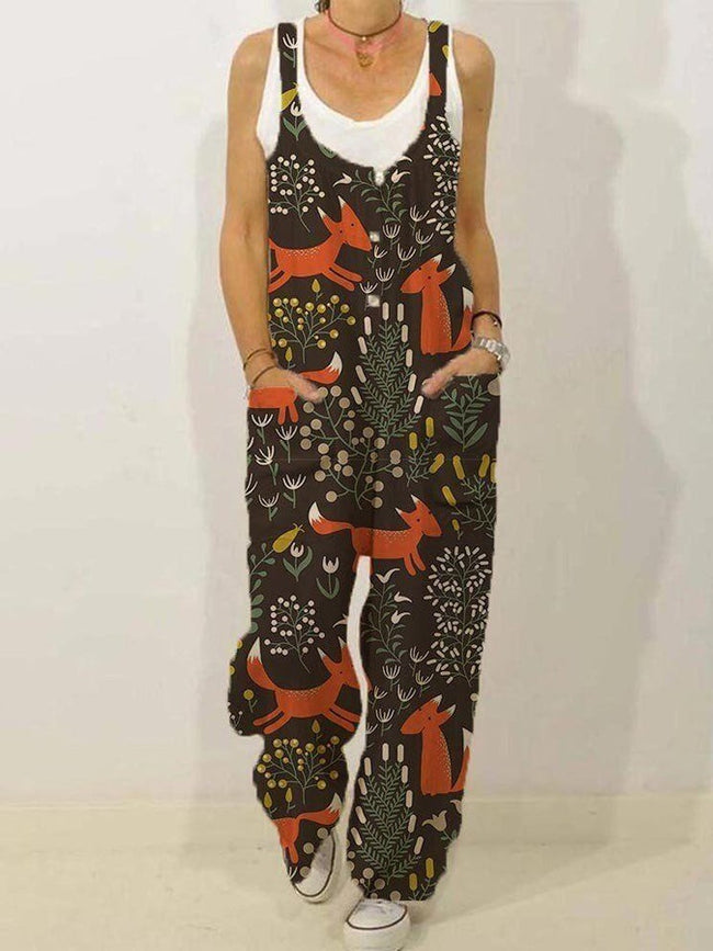 Women's Cute Fox Pockets Sleeveless Jumpsuit