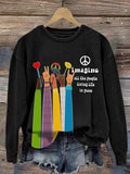 Retro Hippie Imagine All The People Living Life In Peace Print Sweatshirt