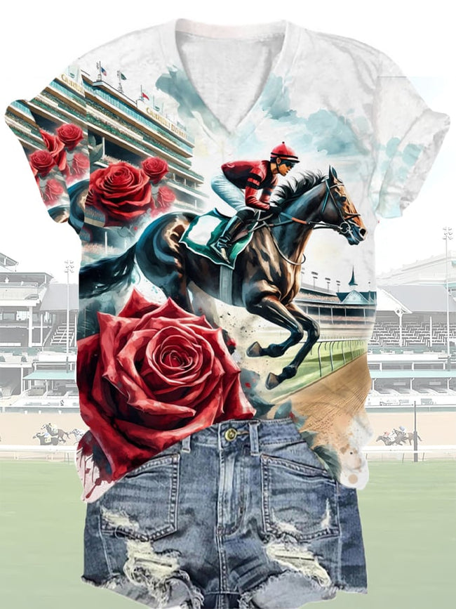 Women's Derby Horses Print V-Neck T-Shirt