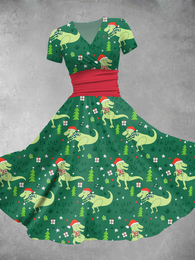 Women's Vintage Christmas Dinosaurs Print Maxi Dress