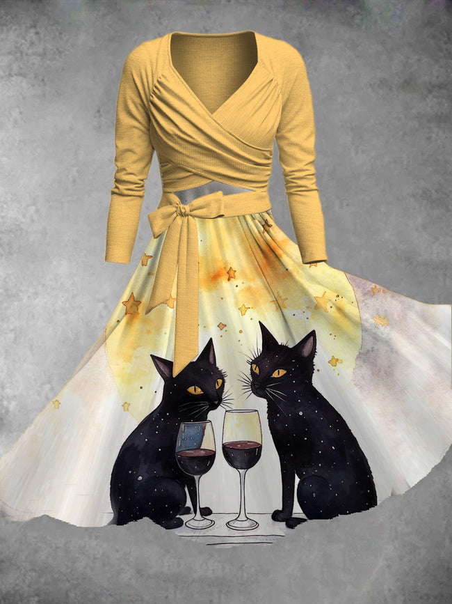 Women's Halloween Cat Print Two-Piece Dress