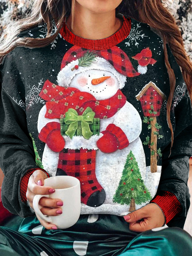 Vintage Christmas Snowman Print Crew Neck Long Sleeve Sweatshirt