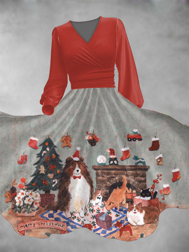 Women's Christmas Animals Lantern Sleeve Maxi Dress