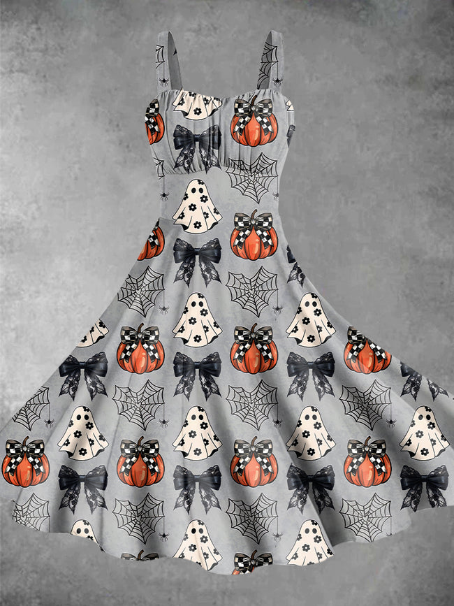 Vintage Halloween Pumpkin Halloween Print Backless Dress