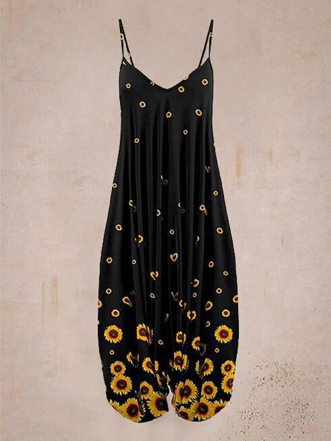 Women Summer Black Floral Pattern Sleeveless Harem Jumpsuit