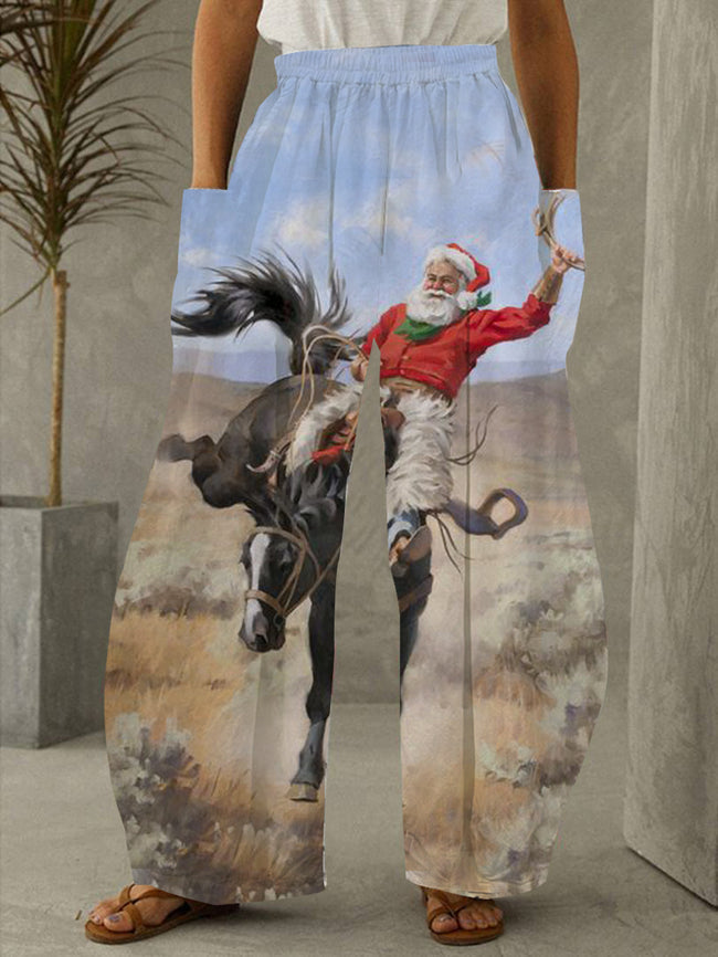 Christmas Western Santa Print Pants