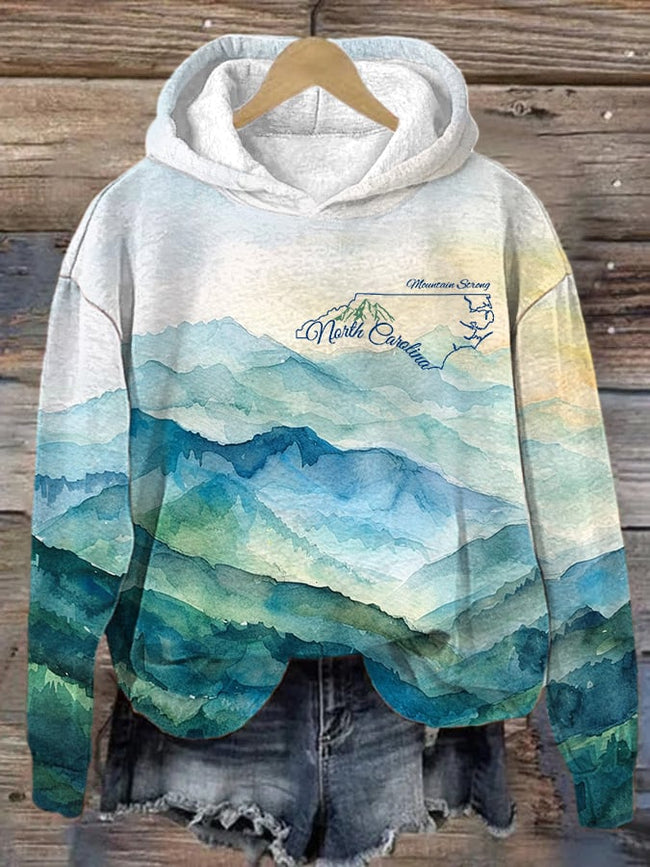 Women's North Carolina Together Mountain Strong Watercolor Art Print Casual Hoodie