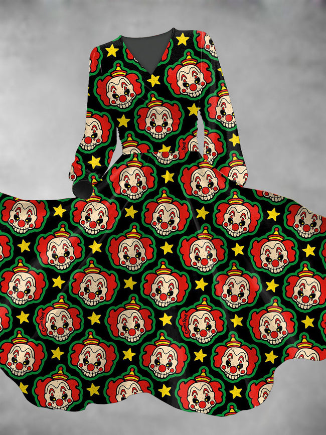 Women's Halloween Clowns Print Lantern Sleeve Maxi Dress