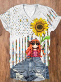 Buy 3 Get 10% OffWomen's Fun Hippie Peace Flag Sunflower Print V-Neck T-Shirt