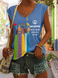 V-neck Retro Hippie Imagine All The People Living Life In Peace Print Tank Top