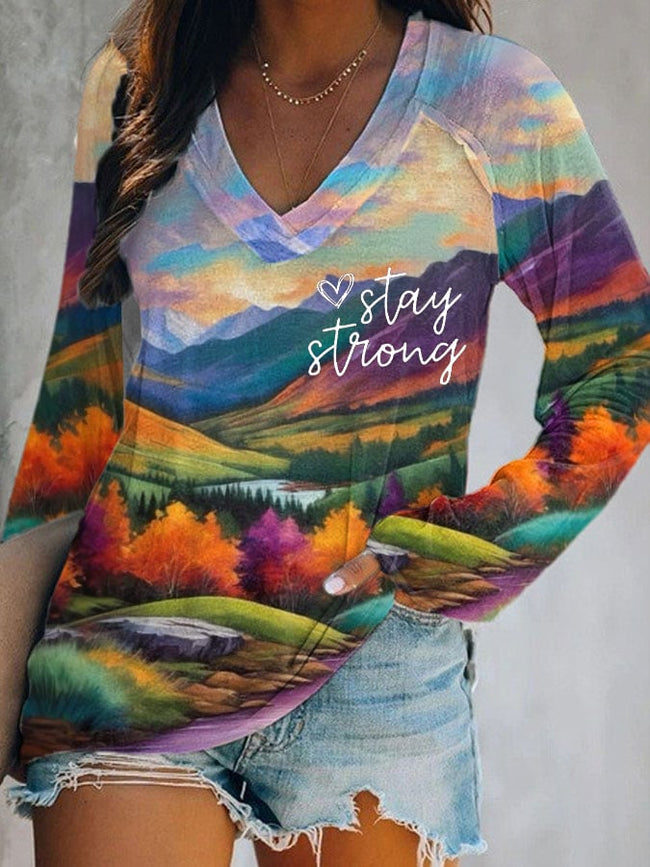 Women's Hurricane Appalachian Mountains NC Watercolor Art Stay Strong Printed V-Neck Long Sleeve Top