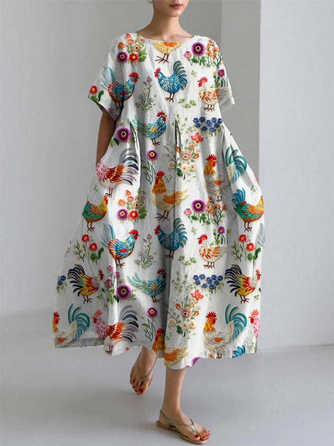 Women's Farm Chicken And Floral Embroidered Print Short Sleeve Midi Dress