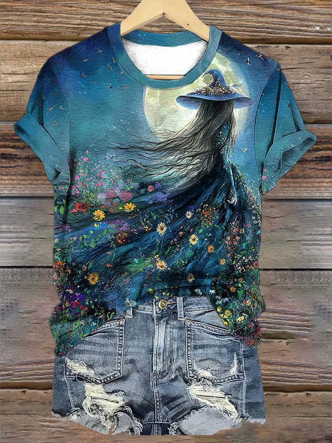 Womens Witch And Flowers Under The Full Moon Art Print T-Shirt