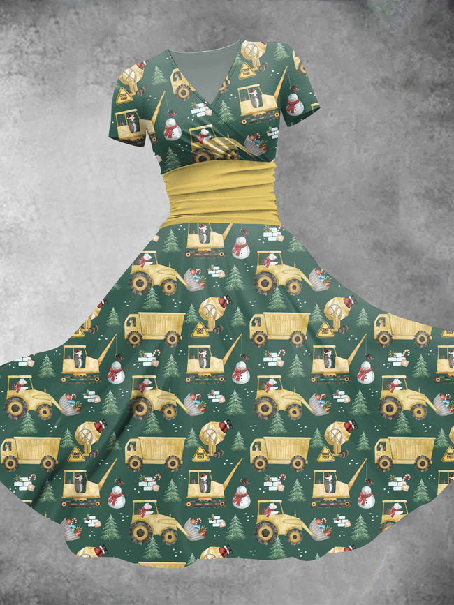 Women's Christmas Excavator Print Maxi Dress