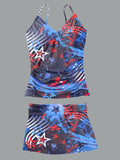 Women’s V-neck Americana Splashy Celebrate Suspender Skirt Tankini Set Swimsuit