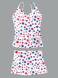 Women’s V-neck Americana Stars Suspender Skirt Tankini Set Swimsuit