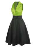 Green 1950s Satin Lapel Patchwork Dress