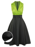 Green 1950s Satin Lapel Patchwork Dress