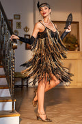 Spaghetti Straps Black Golden 1920s Dress with Fringes