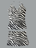 Women’s V-neck Zabra Pattern Suspender Skirt Tankini Set Swimsuit