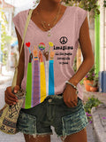 V-neck Retro Hippie Imagine All The People Living Life In Peace Print Tank Top