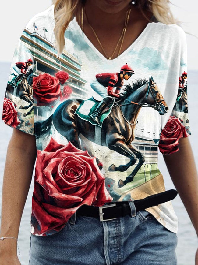 Women's Derby Horses Print V-Neck T-Shirt