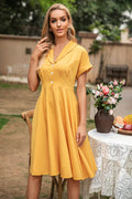 Elegant Yellow V Neck Vintage Dress