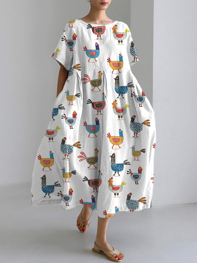 Women's Fun Farm Chick Embroidery Print Short Sleeve Midi Dress