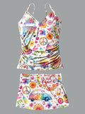 V-Neck Retro Peace And Love Floral Print Suspender Skirt Tankini Pantskirt Set Swimsuit