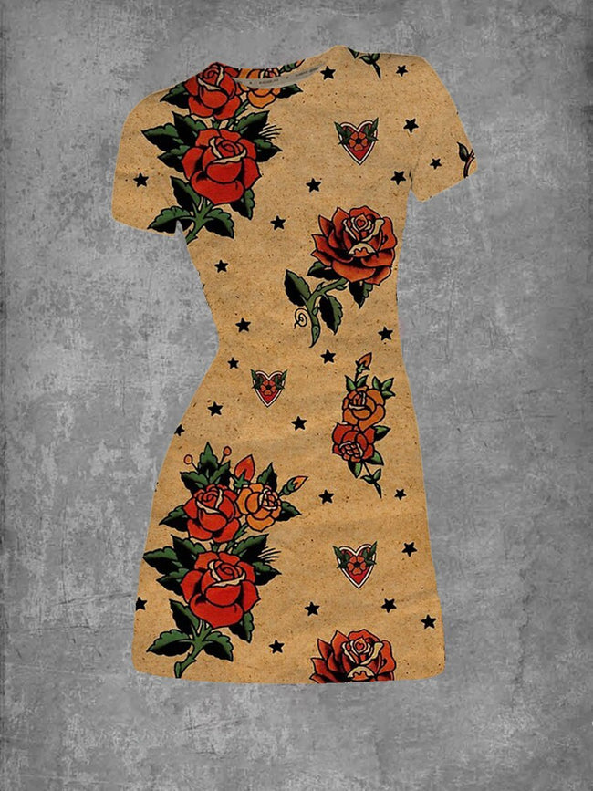 Women's Vintage Old Paper Rose Tattoos Crew Neck T-Shirt Dress