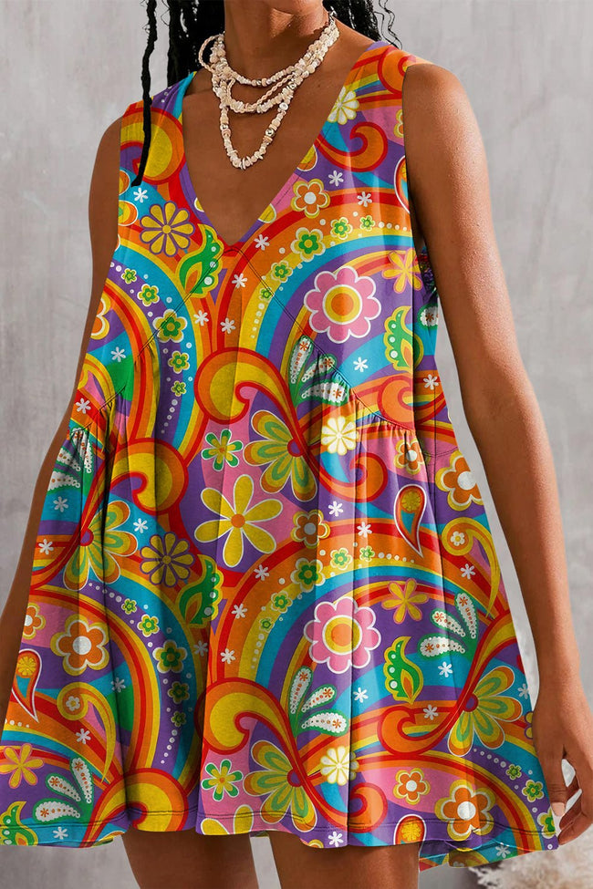 Womens Summer Sleeveless Colorful Hippie Print Mini Dress Casual Loose V Neck Sundress with Pockets