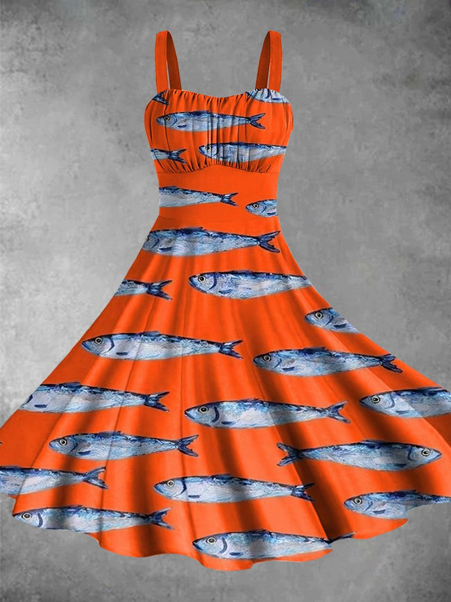 Vintage Sardines Print Backless Dress