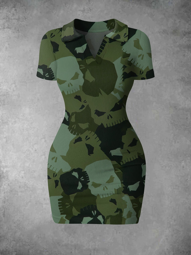 Women's Vintage Skull Camo Print Ribbed Bodycon Mini Dress