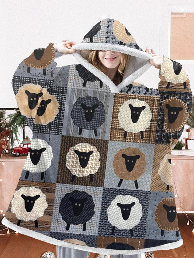 Lamb print oversized flannel hoodie blanket