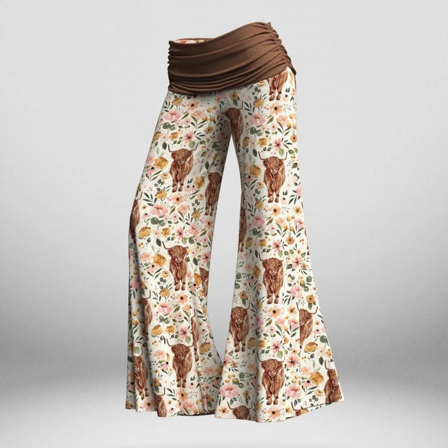 Women's Boho Highland Cow Print Wide Leg Pants