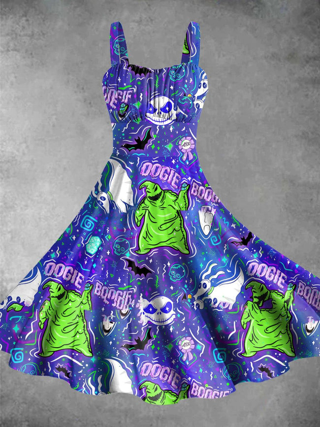 Vintage Cartoon Character Halloween Print Backless Dress