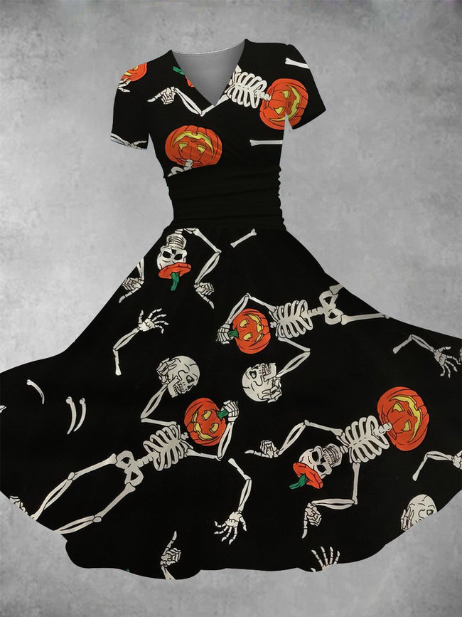 Women's Vintage Halloween Skeleton Print Maxi Dress