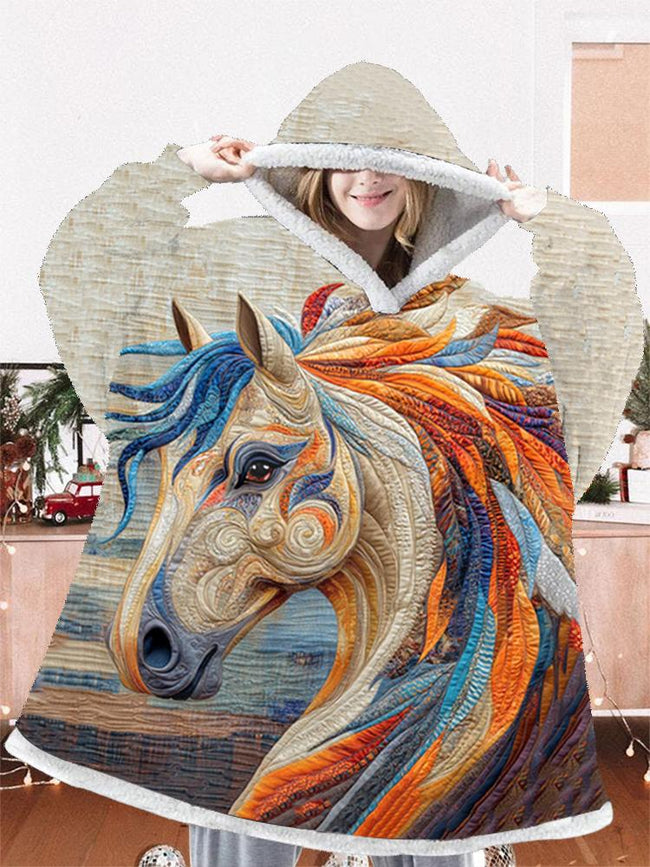 Colour horse print oversized flannel hoodie blanket