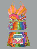 V-Neck Retro Colorful Hippie Print Suspender Skirt Tankini Pantskirt Set Swimsuit