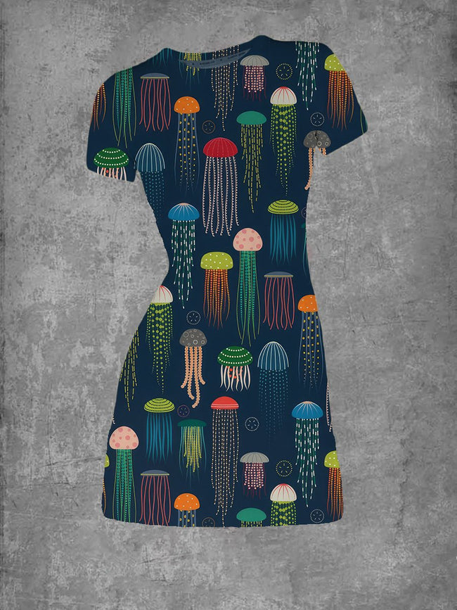 Women's Colourful Jellyfish Print Crew Neck T-Shirt Dress