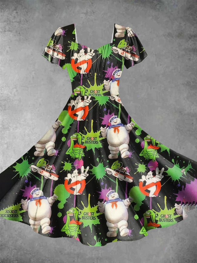 Vintage Ghostbusters Halloween Print Short Sleeve Dress