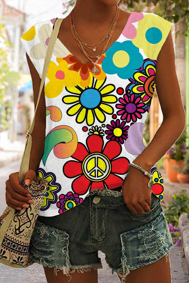 Women's Peace Flowers Powe Print Sleeveless Tank Top