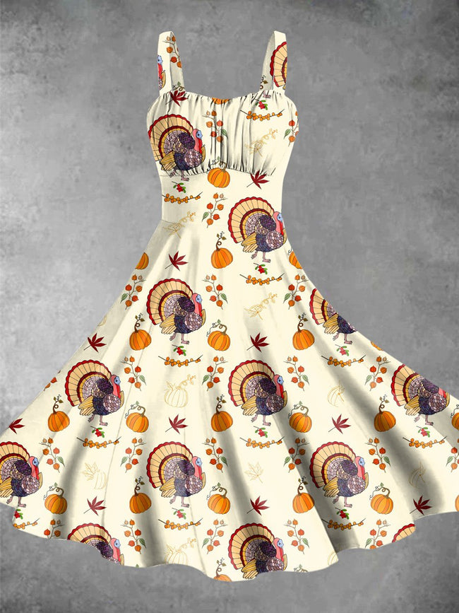 Vintage Thanksgiving Turkey Print Backless Dress